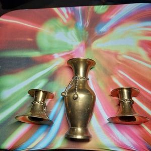 Brass vase and Matching candle holders